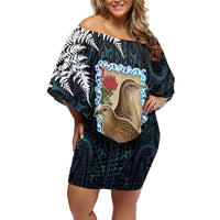 New Zealand Weka Off Shoulder Short Dress Maori Hen Koru Pattern LT05 Women Black - Polynesian Pride