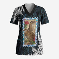 New Zealand Weka Scrub Top Maori Hen Koru Pattern LT05 Adult Black - Polynesian Pride