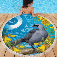 New Zealand Kokako Bird Beach Blanket Maori Koru With Kowhai Flowers - Polynesian Pride