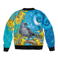 New Zealand Kokako Bird Bomber Jacket Maori Koru With Kowhai Flowers LT05 - Polynesian Pride
