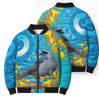 New Zealand Kokako Bird Bomber Puffer Jacket Maori Koru With Kowhai Flowers LT05 - Polynesian Pride