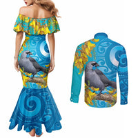 New Zealand Kokako Bird Couples Matching Mermaid Dress and Long Sleeve Button Shirt Maori Koru With Kowhai Flowers - Polynesian Pride