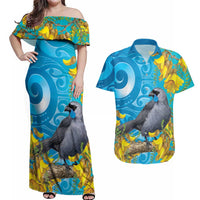 New Zealand Kokako Bird Couples Matching Off Shoulder Maxi Dress and Hawaiian Shirt Maori Koru With Kowhai Flowers - Polynesian Pride