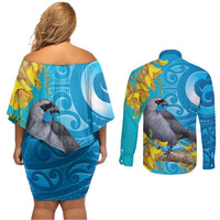 New Zealand Kokako Bird Couples Matching Off Shoulder Short Dress and Long Sleeve Button Shirt Maori Koru With Kowhai Flowers - Polynesian Pride