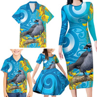 New Zealand Kokako Bird Family Matching Long Sleeve Bodycon Dress and Hawaiian Shirt Maori Koru With Kowhai Flowers