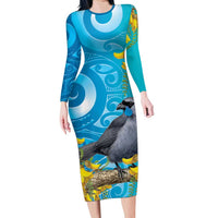 New Zealand Kokako Bird Family Matching Long Sleeve Bodycon Dress and Hawaiian Shirt Maori Koru With Kowhai Flowers - Polynesian Pride