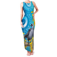 New Zealand Kokako Bird Family Matching Tank Maxi Dress and Hawaiian Shirt Maori Koru With Kowhai Flowers