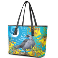 New Zealand Kokako Bird Leather Tote Bag Maori Koru With Kowhai Flowers - Polynesian Pride