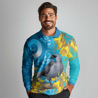 New Zealand Kokako Bird Long Sleeve Polo Shirt Maori Koru With Kowhai Flowers - Polynesian Pride