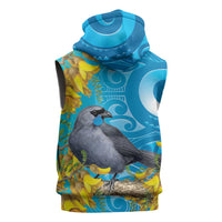 New Zealand Kokako Bird Sleeveless Zip Hoodie Maori Koru With Kowhai Flowers - Polynesian Pride
