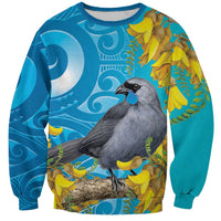 New Zealand Kokako Bird Sweatshirt Maori Koru With Kowhai Flowers LT05 Unisex Aqua - Polynesian Pride