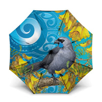 New Zealand Kokako Bird Umbrella Maori Koru With Kowhai Flowers LT05 One Size Folded 11.42 inch Opened Diameter 37.4 inch Aqua - Polynesian Pride