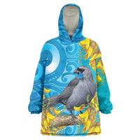 New Zealand Kokako Bird Wearable Blanket Hoodie Maori Koru With Kowhai Flowers - Polynesian Pride