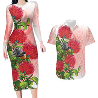 New Zealand Fantail Couples Matching Long Sleeve Bodycon Dress and Hawaiian Shirt Maori Koru With Pohutukawa Flowers - Polynesian Pride