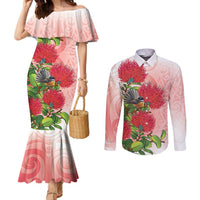 New Zealand Fantail Couples Matching Mermaid Dress and Long Sleeve Button Shirt Maori Koru With Pohutukawa Flowers - Polynesian Pride