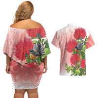 New Zealand Fantail Couples Matching Off Shoulder Short Dress and Hawaiian Shirt Maori Koru With Pohutukawa Flowers - Polynesian Pride