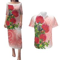 New Zealand Fantail Couples Matching Puletasi and Hawaiian Shirt Maori Koru With Pohutukawa Flowers - Polynesian Pride