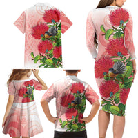New Zealand Fantail Family Matching Long Sleeve Bodycon Dress and Hawaiian Shirt Maori Koru With Pohutukawa Flowers - Polynesian Pride