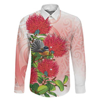 New Zealand Fantail Family Matching Long Sleeve Bodycon Dress and Hawaiian Shirt Maori Koru With Pohutukawa Flowers