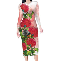 New Zealand Fantail Family Matching Long Sleeve Bodycon Dress and Hawaiian Shirt Maori Koru With Pohutukawa Flowers - Polynesian Pride