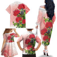 New Zealand Fantail Family Matching Off The Shoulder Long Sleeve Dress and Hawaiian Shirt Maori Koru With Pohutukawa Flowers - Polynesian Pride