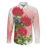 New Zealand Fantail Family Matching Off The Shoulder Long Sleeve Dress and Hawaiian Shirt Maori Koru With Pohutukawa Flowers - Polynesian Pride