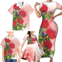 New Zealand Fantail Family Matching Short Sleeve Bodycon Dress and Hawaiian Shirt Maori Koru With Pohutukawa Flowers - Polynesian Pride