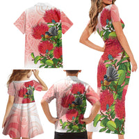 New Zealand Fantail Family Matching Short Sleeve Bodycon Dress and Hawaiian Shirt Maori Koru With Pohutukawa Flowers - Polynesian Pride