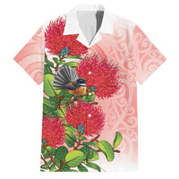 New Zealand Fantail Family Matching Short Sleeve Bodycon Dress and Hawaiian Shirt Maori Koru With Pohutukawa Flowers