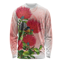 New Zealand Fantail Long Sleeve Shirt Maori Koru With Pohutukawa Flowers - Polynesian Pride