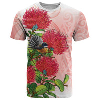 New Zealand Fantail T Shirt Maori Koru With Pohutukawa Flowers - Polynesian Pride