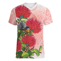 New Zealand Fantail Women V-Neck T-Shirt Maori Koru With Pohutukawa Flowers - Polynesian Pride