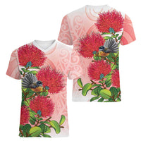 New Zealand Fantail Women V-Neck T-Shirt Maori Koru With Pohutukawa Flowers - Polynesian Pride