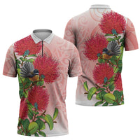 New Zealand Fantail Zipper Polo Shirt Maori Koru With Pohutukawa Flowers - Polynesian Pride