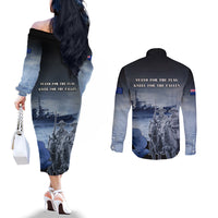 New Zealand ANZAC Day Couples Matching Off The Shoulder Long Sleeve Dress and Long Sleeve Button Shirt HMNZS Achilles We Will Remember Them LT05 - Polynesian Pride