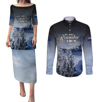 New Zealand ANZAC Day Couples Matching Puletasi and Long Sleeve Button Shirt HMNZS Achilles We Will Remember Them LT05 Blue - Polynesian Pride