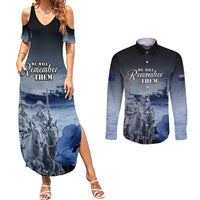 New Zealand ANZAC Day Couples Matching Summer Maxi Dress and Long Sleeve Button Shirt HMNZS Achilles We Will Remember Them LT05 Blue - Polynesian Pride