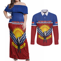 Kiribati 45th Independence Day Couples Matching Off Shoulder Maxi Dress and Long Sleeve Button Shirt Lesser Frigatebird Tribal Pattern LT05 Red - Polynesian Pride