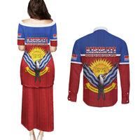 Kiribati 45th Independence Day Couples Matching Puletasi and Long Sleeve Button Shirt Lesser Frigatebird Tribal Pattern LT05 - Polynesian Pride