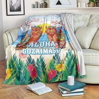 Hawaii And Japan Okinawa Blanket Aloha Gozaimasu Tiki With Shisa LT05 Blue - Polynesian Pride