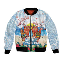 Hawaii And Japan Okinawa Bomber Jacket Aloha Gozaimasu Tiki With Shisa