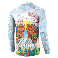 Hawaii And Japan Okinawa Button Sweatshirt Aloha Gozaimasu Tiki With Shisa LT05 - Polynesian Pride