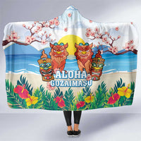 Hawaii And Japan Okinawa Hooded Blanket Aloha Gozaimasu Tiki With Shisa LT05 One Size Blue - Polynesian Pride
