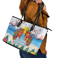 Hawaii And Japan Okinawa Leather Tote Bag Aloha Gozaimasu Tiki With Shisa LT05 - Polynesian Pride