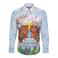 Hawaii And Japan Okinawa Long Sleeve Button Shirt Aloha Gozaimasu Tiki With Shisa LT05 Unisex Blue - Polynesian Pride