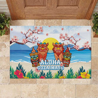 Hawaii And Japan Okinawa Rubber Doormat Aloha Gozaimasu Tiki With Shisa LT05 Blue - Polynesian Pride