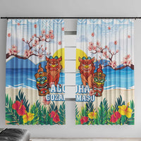 Hawaii And Japan Okinawa Window Curtain Aloha Gozaimasu Tiki With Shisa LT05 With Hooks Blue - Polynesian Pride