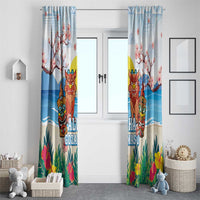 Hawaii And Japan Okinawa Window Curtain Aloha Gozaimasu Tiki With Shisa LT05 - Polynesian Pride