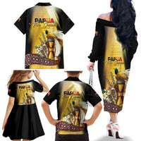 Papua New Guinea Family Matching Off The Shoulder Long Sleeve Dress and Hawaiian Shirt Independence Day Unique Style LT05 Mom's Dress Gold - Polynesian Pride