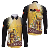 Papua New Guinea Family Matching Off Shoulder Short Dress and Hawaiian Shirt Independence Day Unique Style LT05 Dad's Shirt - Long Sleeve Gold - Polynesian Pride